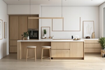 Fototapeta na wymiar Interior design and decoration of a mockup kitchen room in a natural color a wall mounted white picture frame that is empty, a built in kitchen cabinet, and