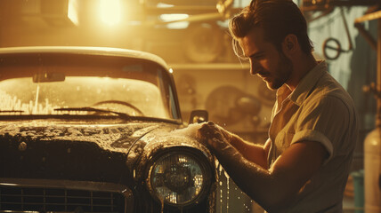 A man washes his vintage car
