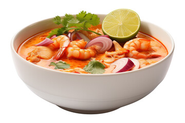 Thai food, Tom Yum Kung, shrimp soup spicy sour soup in bowl on white background. Traditional popular food in Thailand