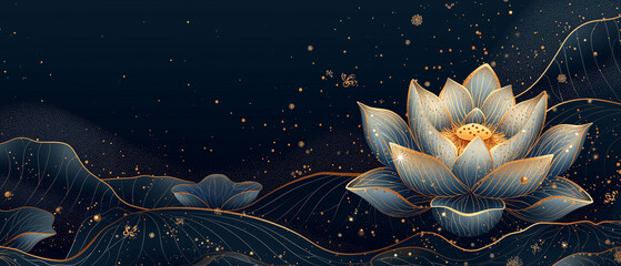 lotus flower background with a bird, in the style of dark sky-blue and dark gold, highly detailed illustrations, elegant calligraphy, dark gray and dark black, linear simplicity, delicate flora depict