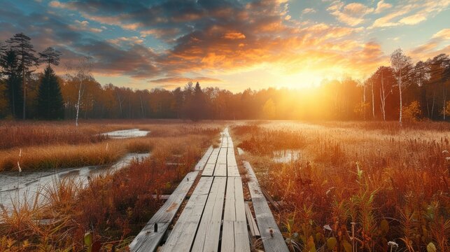 Panoramic autumn landscape with wooden path at sunset, Fall nature background with text space, stock photo