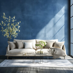 Modern cozy living room and blue wall texture background interior design / 3D rendering.