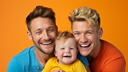 Fototapeta na wymiar Close-up portrait of a happy smiling gay couple with a small child on an orange background. Family values, Love, children concepts.
