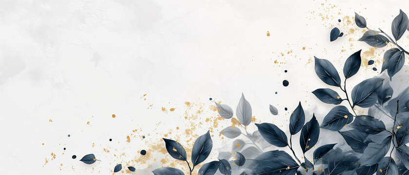 tropical leaves with golden ornaments on a white background, in the style of minimalist backgrounds, gray and beige, ethereal trees, elegant calligraphy, terada katsuya, dark white and amber, bright b