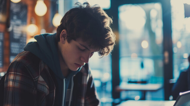 Young guy at a table in a cafe