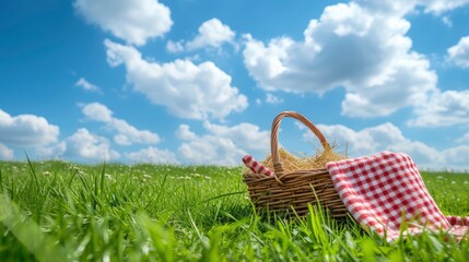 Picnic basket and straw hay laying on the grass over blue sky