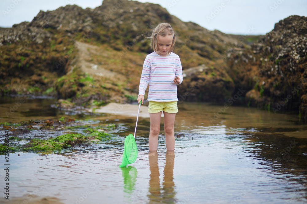 Wall mural adorable preschooler girl playing with scoop net on the beach at atlantic coast of brittany, france