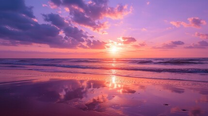 purple sunset on a wide beach , stock photo - obrazy, fototapety, plakaty