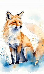 Watercolor painting of a red fox and blue and gold splashes, Good for postcards, poster, kid's room, book cover and canvas, Generative AI