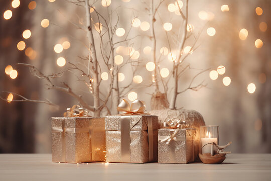 boxes with gifts on a festive background. Copy space.