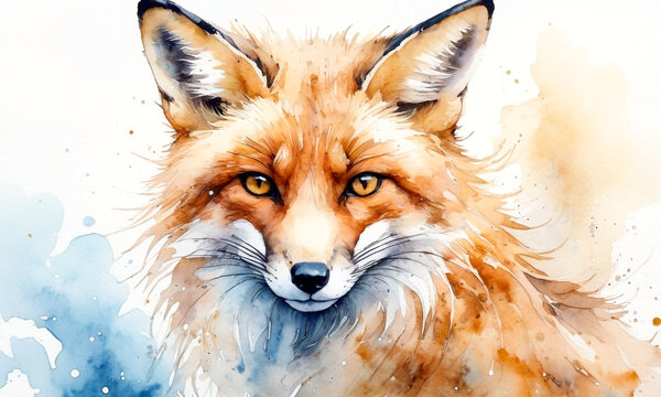 Watercolor painting of a red fox and blue and gold splashes, Good for postcards, poster, kid's room, book cover and canvas, Generative AI
