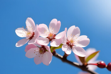 Close-up of delicate pink cherry blossoms against a vivid blue sky on a sunny day in spring