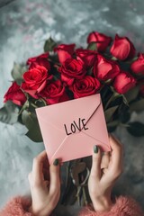 Artistic shot of hands clasping a pink 'love' envelope over a fresh bouquet of red roses