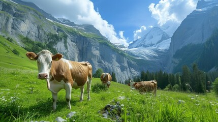 Fototapeta na wymiar The Swiss Milk Cows on the green grass in the Alps, over the white snowing mountains