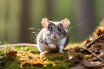 Close-up Photo of a Cute Mouse Sitting on a Mossy Rock in the Forest