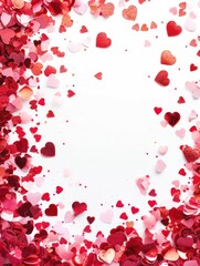 Diverse shades of red and pink heart confetti scattered on a crisp white background, ideal for card designs