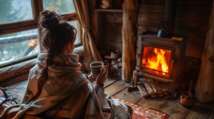 A woman wrapped in a warm blanket with a coffee by a snowy window with a fireplace glow, winter getaway