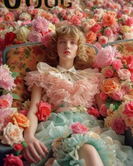 Dream-like image of a young girl lying back in a couch adorned with lush, colorful flowers, creating a fairy-tale essence