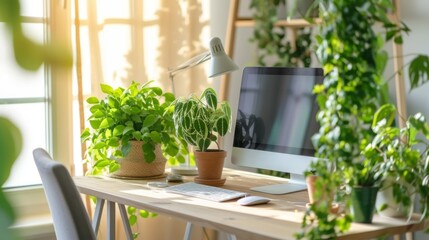 A sunlit home office filled with indoor plants, creating a refreshing and productive workspace.