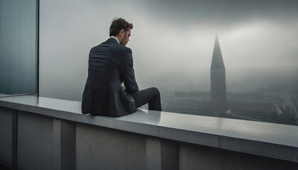 Solitary Figure Overlooking a Foggy Cityscape at Dawn. A person sits on a high ledge, lost in thought as a fog-enveloped city wakes below, with a spire piercing the haze - Powered by Adobe