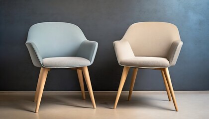 Two Elegant Chairs in a Minimalist Composition. A pair of modern chairs, one pale blue and the other beige, stand against a dark blue wall, embodying simplistic elegance