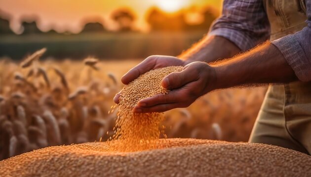 Golden grains slipping through a person's hands at sunset. Person pouring out wheat with a backdrop of a wheat field at dusk
