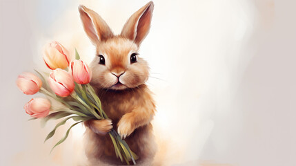 Adorable watercolour cute Bunny Holding a Bouquet of Pink Tulips.