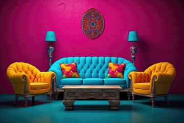 a brightly painted room with red walls and a wonderful and comfortable blue couch with pillows with a mat on the floor