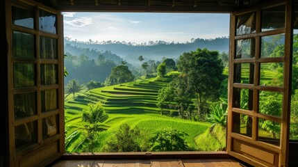 view from the window, at a wonderful landscape nature view with rice terraces and space for text