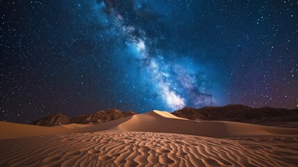 Fototapeta na wymiar The Milky Way illuminates the night sky over red sand dunes in a tranquil desert landscape.