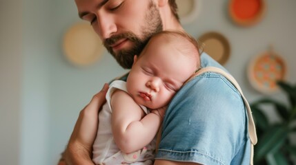 A tender moment as a father cradles his sleeping baby on his shoulder, happy father's day concept. lifestyle parenting fatherhood moment