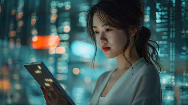 Data Analyst Reviewing Metrics on Tablet in Server Room - Powered by Adobe