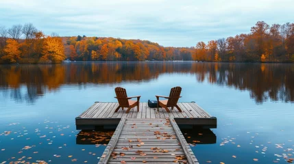 Foto op Plexiglas Wooden dock with chairs on calm fall lake © Shani work