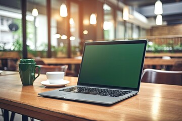 Green screen mockup of a laptop on a wooden table. within a coffee shop