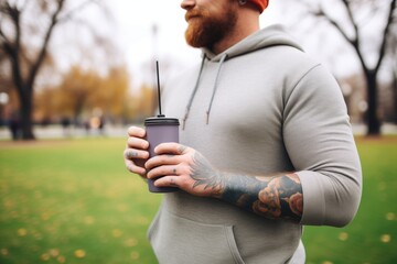 man holding a bottle of detox smoothie at the park