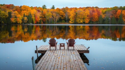 Wooden dock with chairs on calm fall lake - obrazy, fototapety, plakaty