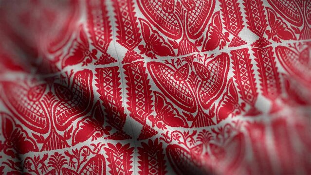 Assamese Gamosa or Gamusa embroidery motifs fabric wave loop. muga silk cloth fluttering in the wind or waving red and white cloth. red Indian pattern.