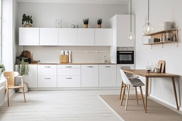 Rental apartments, newly renovated homes in a basic, Scandinavian design, or houses or flats for sale. Simple interior with morning light, light wall, and white furniture with utensils - obrazy, fototapety, plakaty