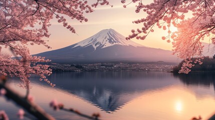 A horizontal landscape photograph capturing the beautiful bloom of cherry blossoms in Japan, with...