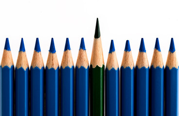 Green pencil standing out from the crowd