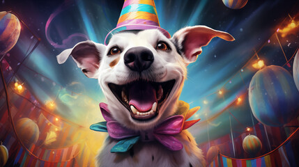 Joyful Dog Celebrating at a Festive Circus Party - obrazy, fototapety, plakaty