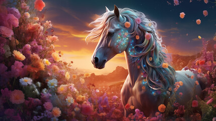 Enchanted Horse Amidst Blossoming Sunset