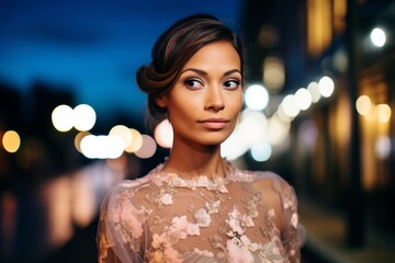 portrait of a woman in a lace gown with a citys night glow on her face