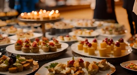 Assortimento di deliziose tartine su piatti bianchi,   Servizio di banchetto festivo, catering o buffet al ricevimento.