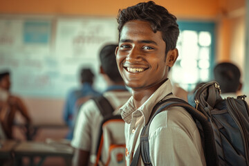 Fototapeta premium Indian male students at the school bokeh style background