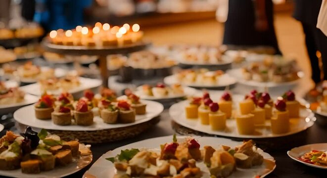 Assortimento di deliziose tartine su piatti bianchi,   Servizio di banchetto festivo, catering o buffet al ricevimento.