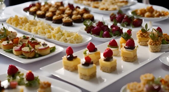 Assortimento di deliziose tartine su piatti bianchi,   Servizio di banchetto festivo, catering o buffet al ricevimento.