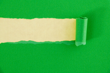 Green torn paper on yellow background