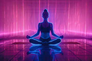 Serene woman practicing yoga in lotus position surrounded by vibrant pink and purple neon lights