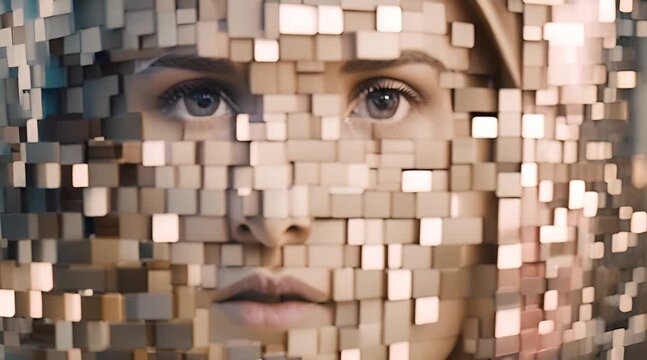 viso di donna fatto di tessere di mosaico dorate che si muovono,  occhi che si chiudono, immagine surreale , futuro , intelligenza anrtificiale